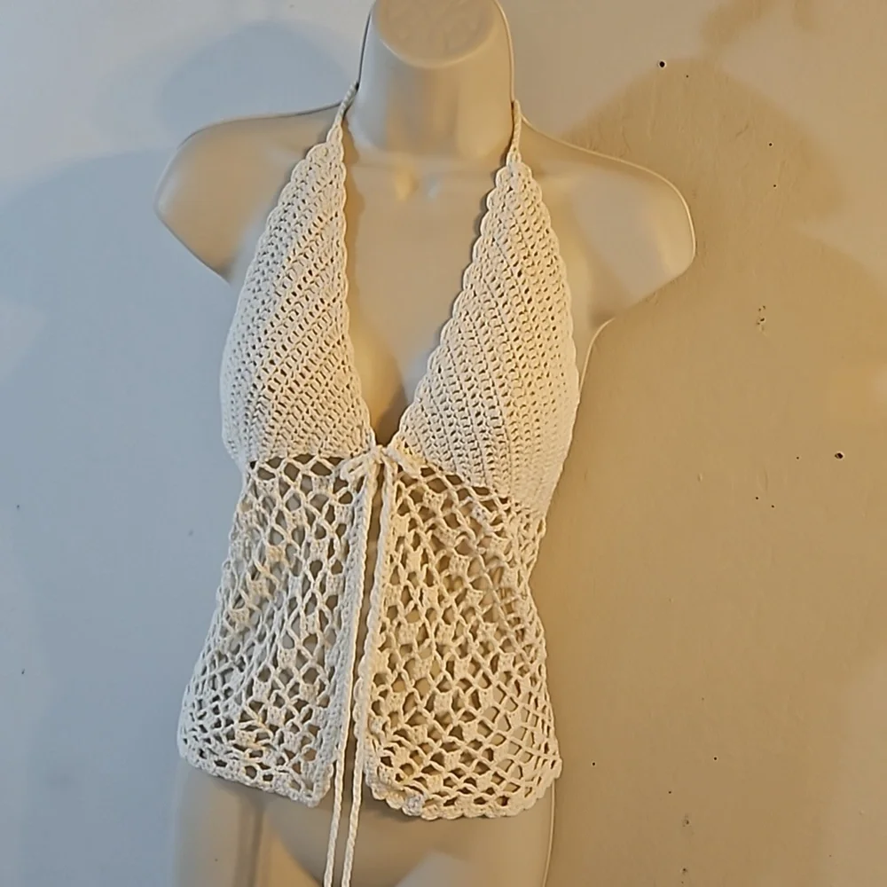 Hand Crafted Crochet Crop-Top Handmade Fishnet Swim Design Cream Summer Layer OS - Picture 10 of 17